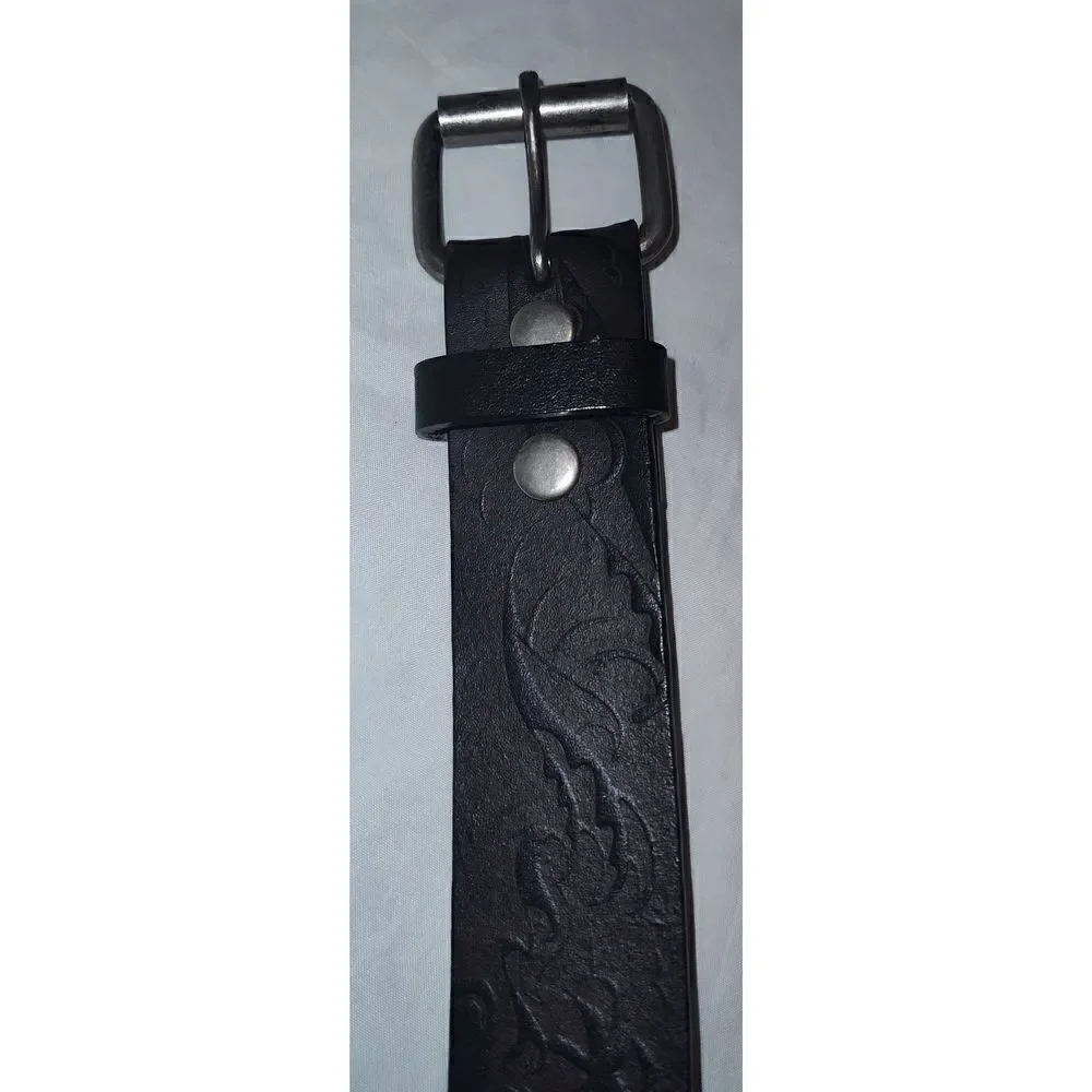 Sunset Beach Palm tree embossed Genuine leather belt Size 36 Brown with silver t